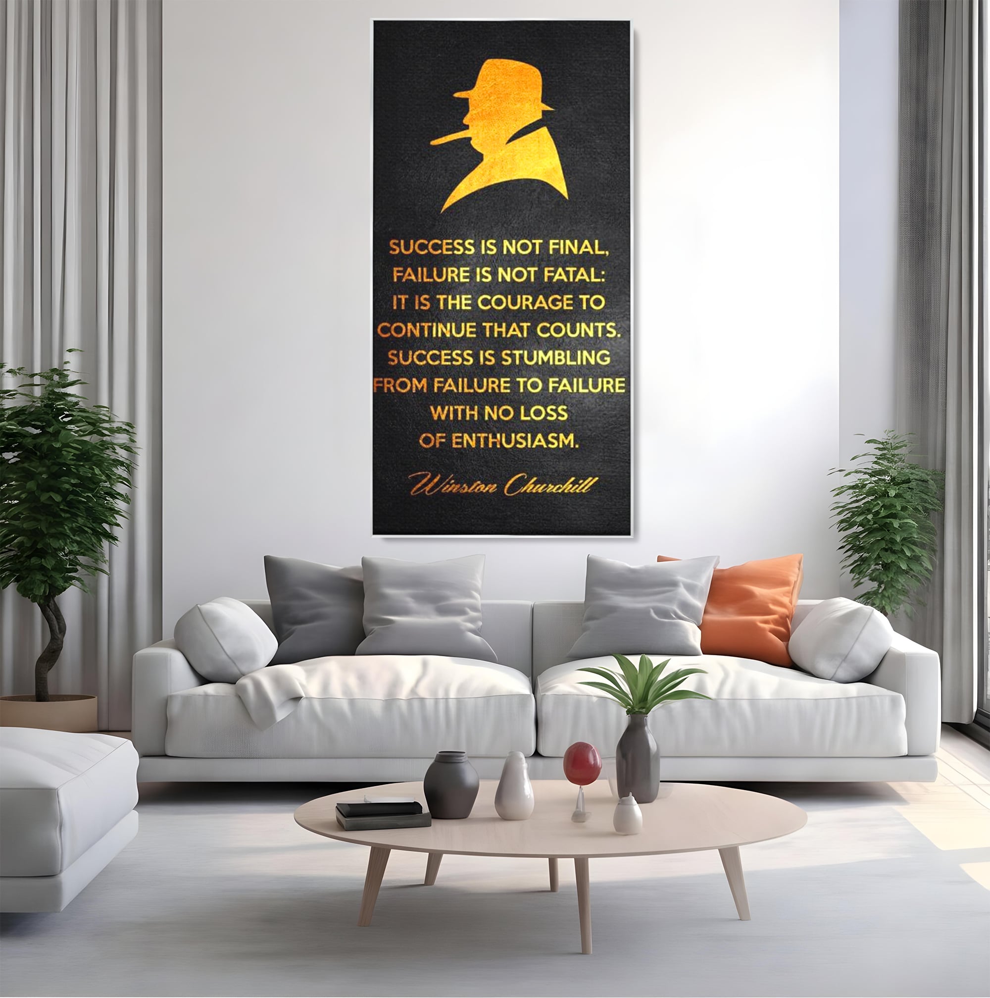 Tablou canvas cu tablou canvas cu winston churchill si citat, in rama de aluminiu argintiu, pe perete intr-un living